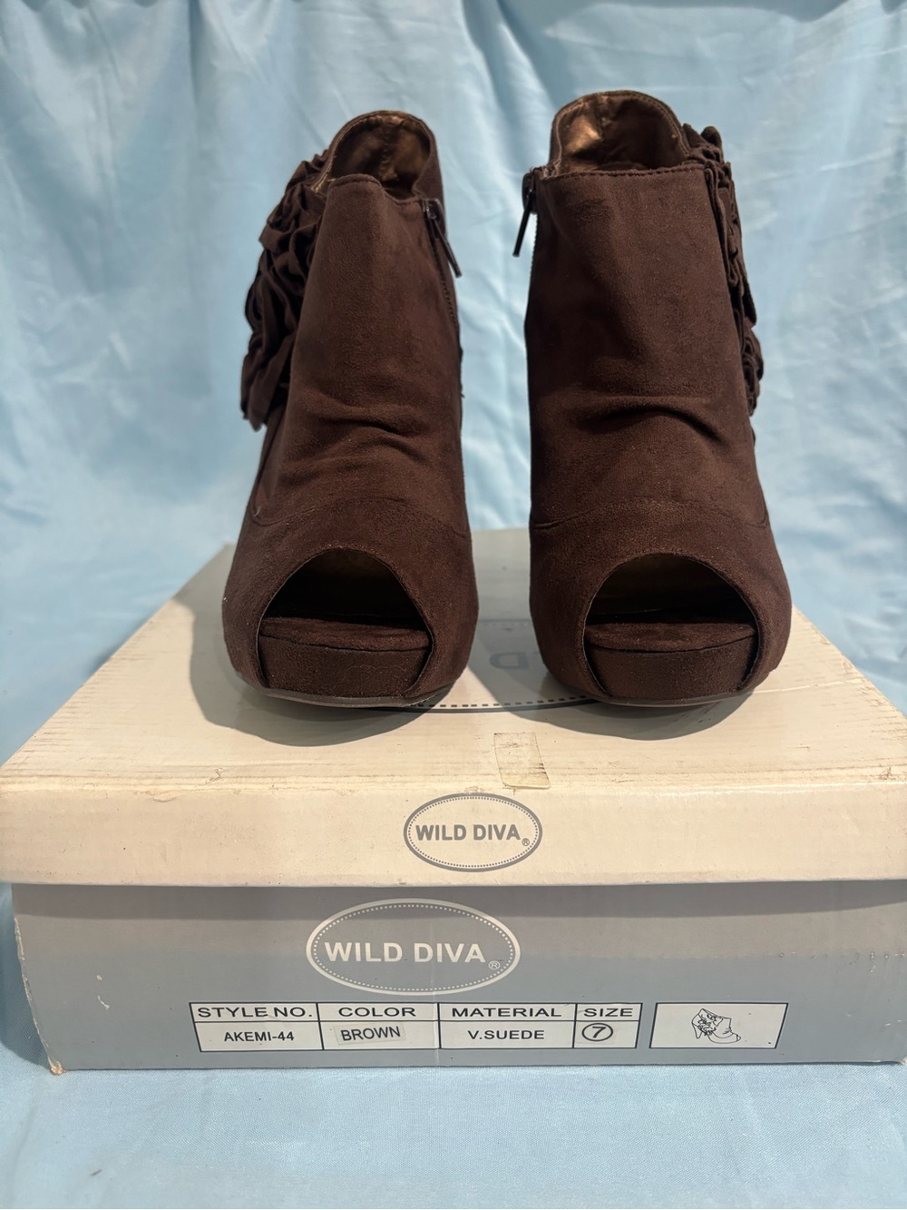 Wild Diva Brown Peep-Toe Suede Mules with Ruffle Accent
